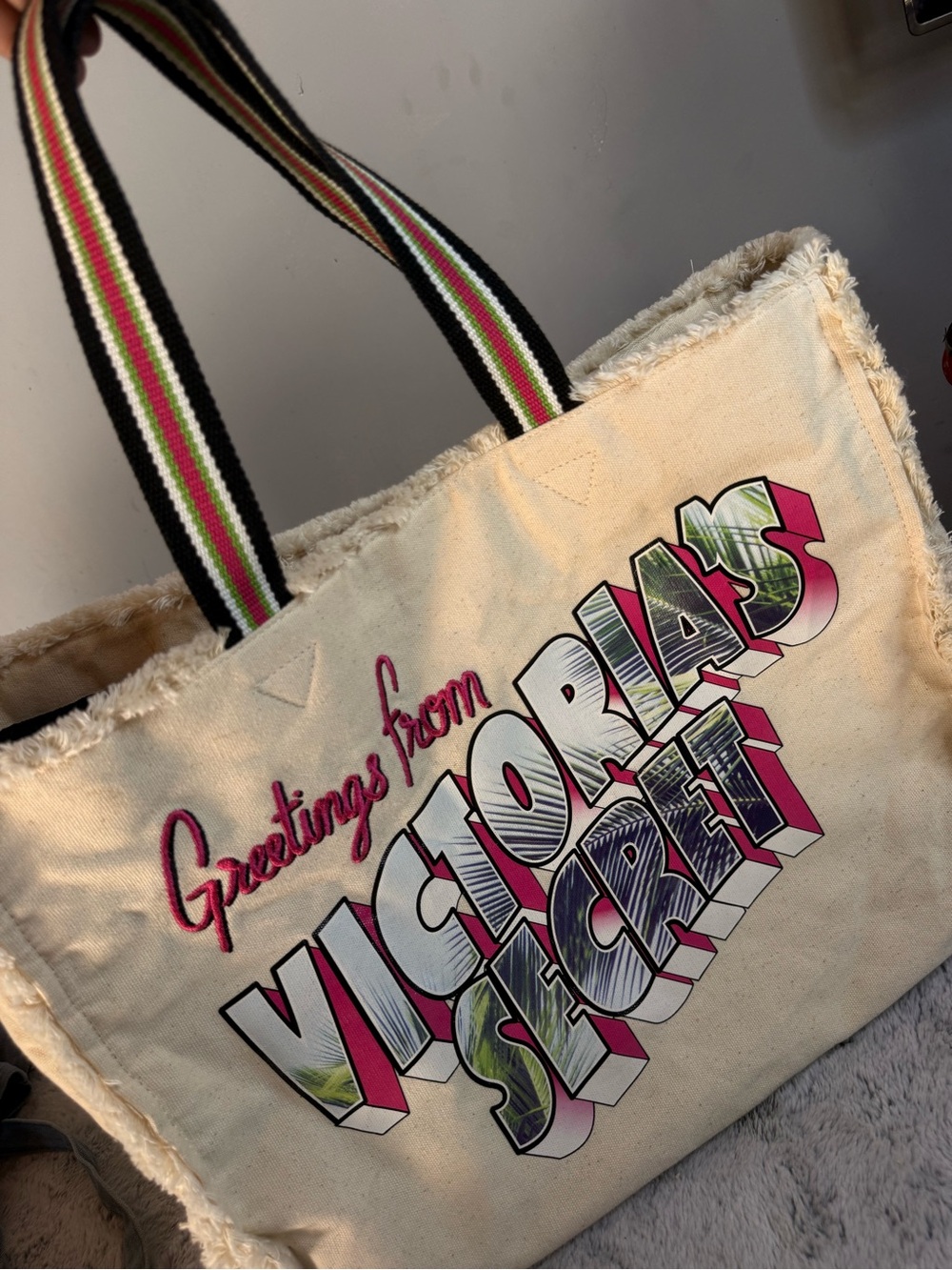 Victoria's Secret Cream Canvas Tote with Pink and Black Striped Handles